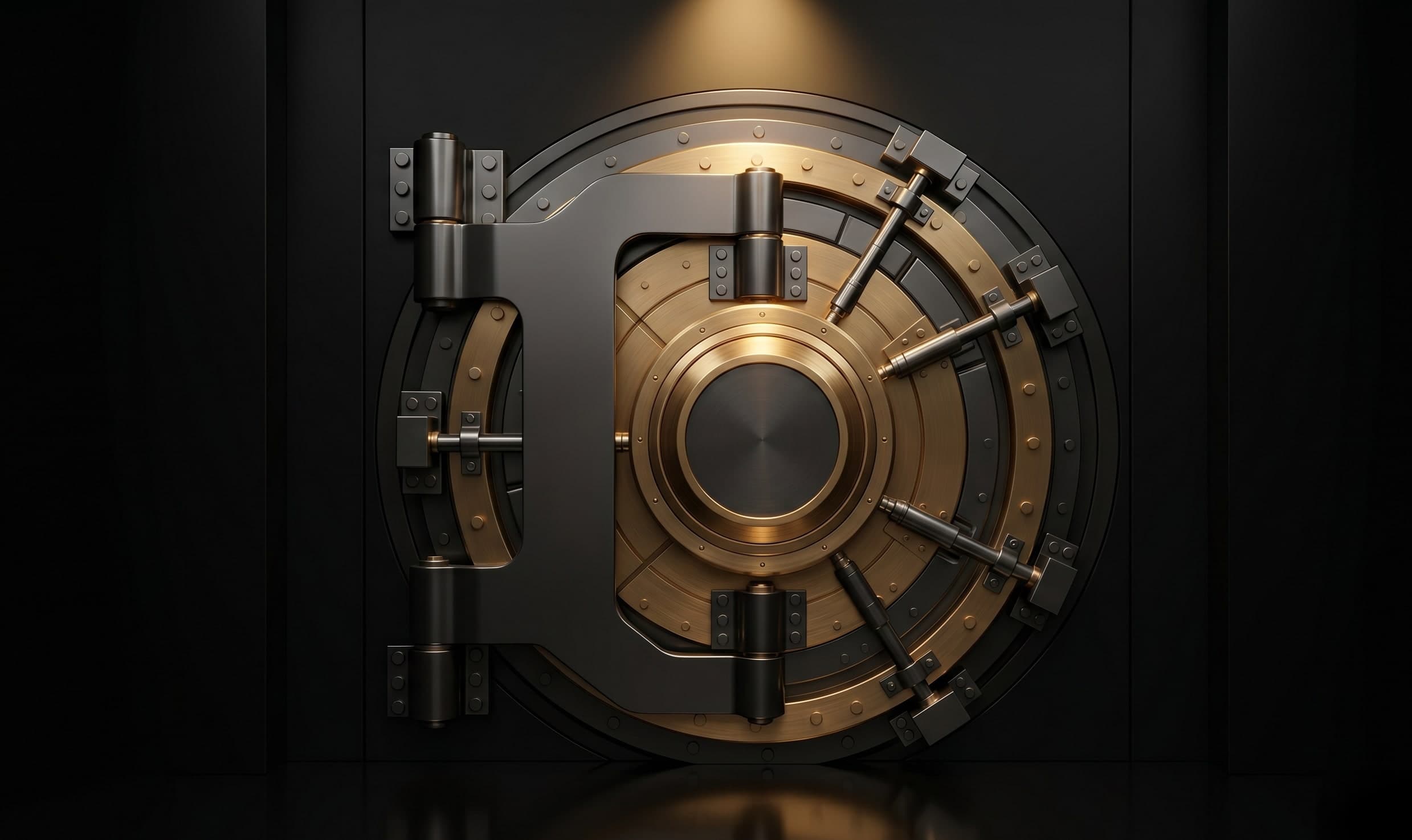 Arcane Lock vault — brushed brass and gunmetal vault door, sealed shut
