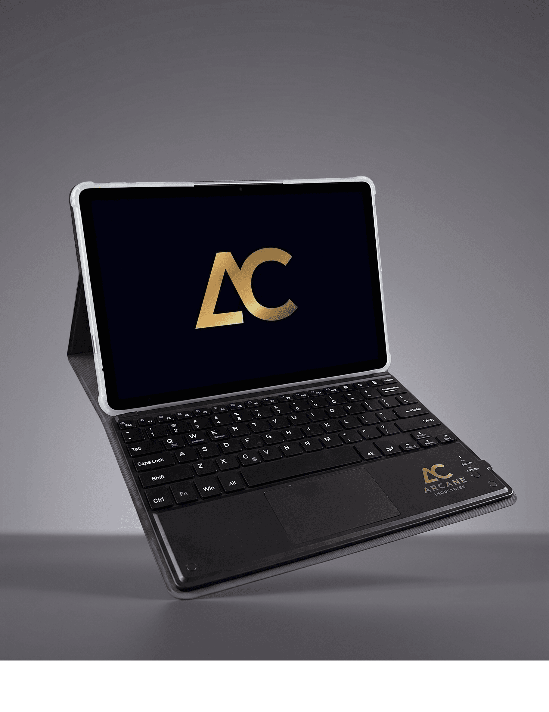 The Arcane Pro shown with its keyboard case and stylus